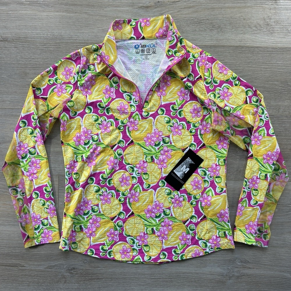 NWT IBKUL Calista Print Medium Long‎ Sleeve Lemon Hot Pink Multi UPF 50 Zip Up